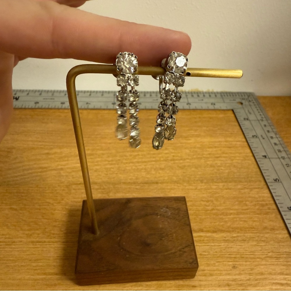 Silver Tone Crystal Dangle Showgirl Earrings Screw Clip On Earrings